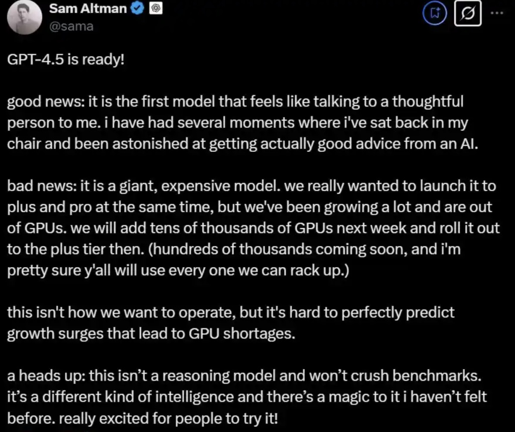 OpenAI发布最具“情商”的GPT-4.5，奥特曼：已耗尽GPU资源，将在下周增加数万块 - 今日头条 2